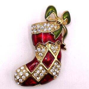 Monet Signed Enamel & Rhinestone Christmas Stocking Pin Brooch